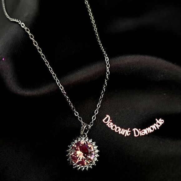 Pink Sapphire & Clear White Baguette Diamond Pendant 14K White Gold 925  - Picture 3 of 8